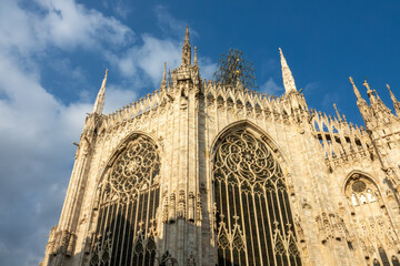 Side view of famous Milan Cathedral, Duomo di Milano,  Italy.
