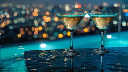 Two martini glasses sit on the edge of an infinity pool, overlooking a glittering cityscape at...