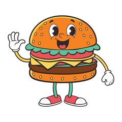 Trendy groovy fast food sticker set. Cheerful hamburger character. Vector illustration of fast food.