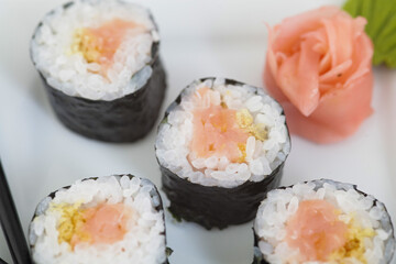 Hosomaki, salmon and tempura. Traditional japanese sushi rolls
