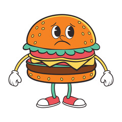 Trendy groovy fast food sticker set. Cheerful hamburger character. Vector illustration of fast food.