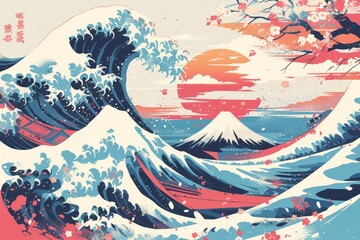 A Japanese-style poster with Mount Fuji in the background, surrounded by sakura blossoms and crashing waves. 