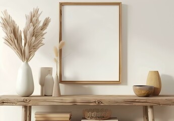 Interior of living room with wooden shelf, vases and plants. Mock up poster frame. 