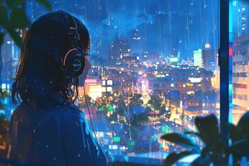 a person wearing headphones, looking out of the window at night in an apartment with neon lights outside, rain falling on glass, dark room