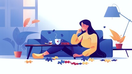 Obraz premium Puzzle Assembly: Woman Finding Serenity in Comfortable Setting