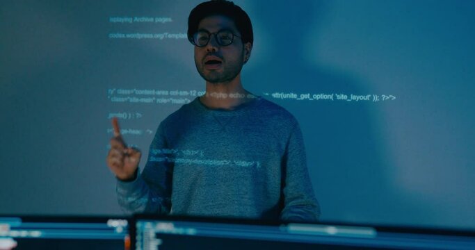 Group adult Asia male software developers mentor leader manager talk strategy plan to executive write prompt AI bot IT app program nomad, video game, designer, data center. Projecting slideshow code.