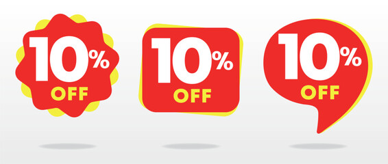 10% off. Discount price, value. Special offer tag, sticker. Advertising red, yellow, business. Campaign shop, sales, retail, store. Set, vector, icon