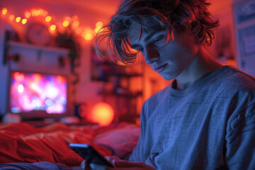 Teenager adjusting smart light settings with mobile phone in his multimedia game room. AI generated.
