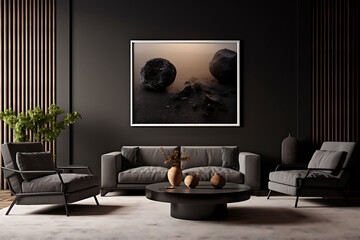 Modern living room space, modern interior design, monochromatic black color scheme