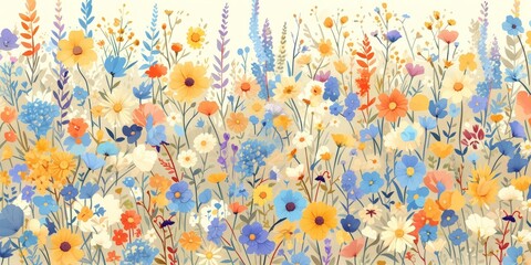colorful wildflowers, their vibrant colors and delicate forms blending seamlessly on an off-white background. 