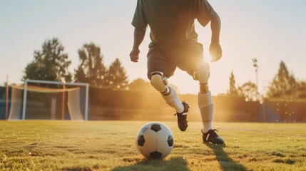 A disabled man with prosthetic legs plays soccer, social activity of a disabled person
