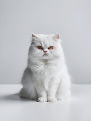 Fototapeta premium A white, fluffy cat with striking amber eyes. The cat is positioned centrally, facing the viewer, and appears to be sitting on a smooth