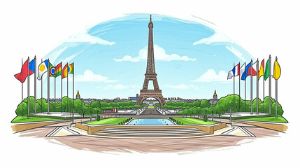 A drawing of the Eiffel Tower with flags in the background - obrazy, fototapety, plakaty