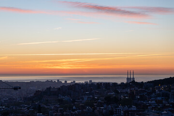 dawn, colored sky, morning city, mountains, houses