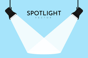 Lamp illumination icon in flat style. Spotlight vector illustration. Movie spotlight. Vector flat spotlight on blue background with space for text.