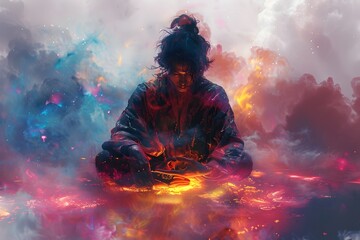 Naklejka premium Futuristic Ambassador of Galactic Peace Promotes Interstellar Harmony in Cosmic Nebula Setting