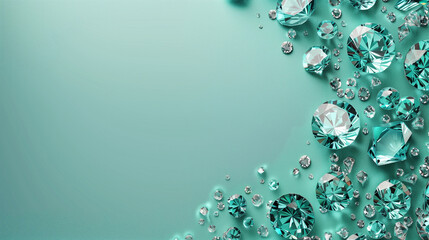Banner with scattered turquoise gemstones on a soft gradient background. Minimal background with empty copy space for design. Generative AI