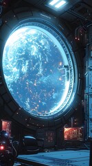 Fototapeta premium Futuristic Interstellar Medical Center with Breathtaking Cosmic Views through Panoramic Spacecraft Window