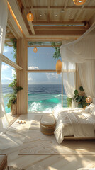 Fototapeta premium Shoreline Sanctuary: Spacious Bedroom with Soothing Wave Sounds,generated by IA