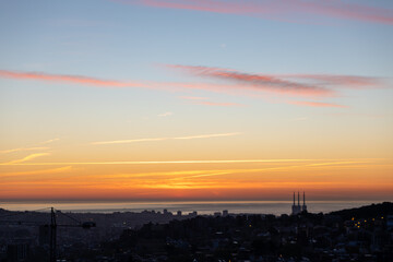 dawn, colored sky, morning city, mountains, houses