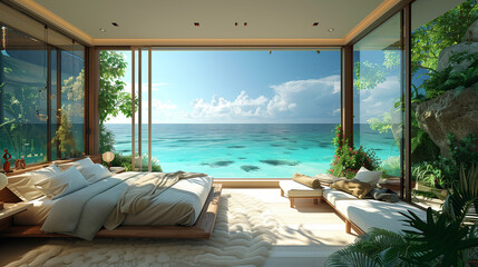 Fototapeta premium Opulent Oasis: Indulgent Bedroom with Stunning Seascape Views ,generated by IA