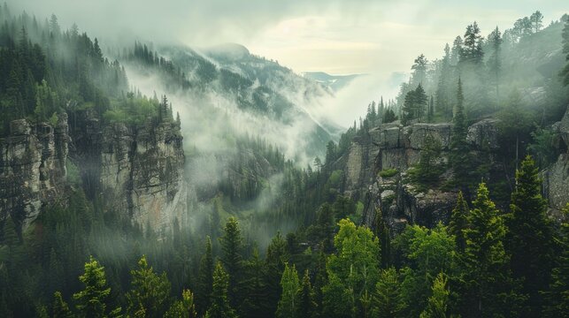 Stunning mountain scenery Where forests and rocks meet in a symphony of tranquility.
