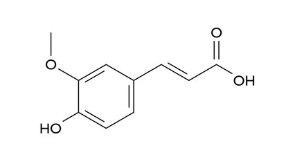 ferulic acid molecule, structural chemical formula, ball-and-stick model, isolated image hydroxycinnamic acid
