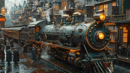 Majestic Steampunk Train Arrives at Bustling Metropolis in Vintage Industrial Fantasy Scene
