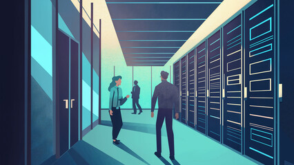 Diverse IT team in modern data center infrastructure, Server racks and network equipment organized in secure environment