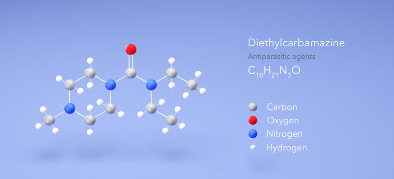 diethylcarbamazine molecule, molecular structures, antiparasitic agents, 3d model, Structural Chemical Formula and Atoms with Color Coding