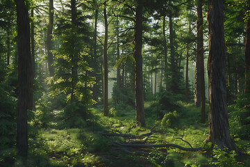 Obraz premium A serene forest landscape with tall trees and lush vegetation, showcasing the beauty and tranquility of nature.