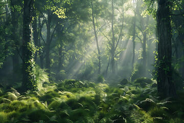 A serene forest landscape with tall trees and lush vegetation, showcasing the beauty and tranquility of nature.
