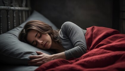 Woman sleeping in a relaxed bed, red linens, closeup. Young woman sleeping in bed at home close-up. Dark gloomy style