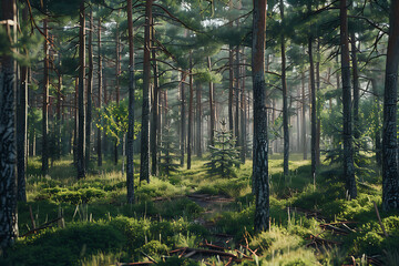 A serene forest landscape with tall trees and lush vegetation, showcasing the beauty and tranquility of nature.