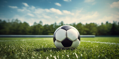 Fototapeta premium Classic Black and White Soccer Ball on Green Field. Close-Up of Ball on Lush Grass. Outdoor Soccer Scene. Generative AI