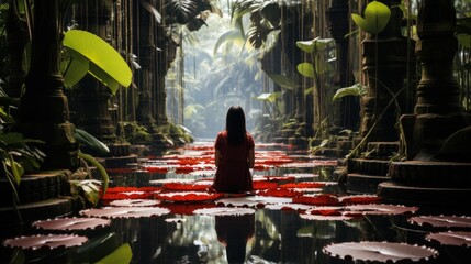 Woman in Red Dress Meditates in a Mystical Jungle with Giant Lotus Flowers