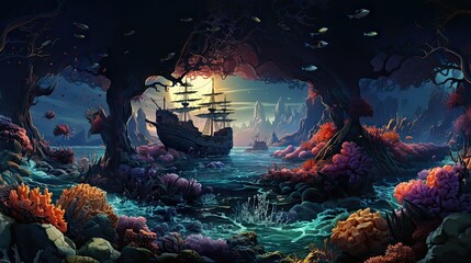 Enchanting Underwater Seascape with Sunken Ships and Lush Coral Reefs