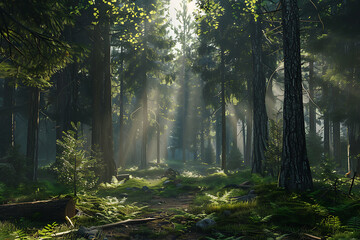 Obraz premium A serene forest landscape with tall trees and lush vegetation, showcasing the beauty and tranquility of nature.