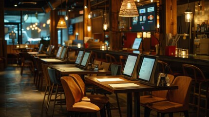 Obraz premium Warmly lit cafe interior at dusk with empty chairs and set tables, ready for the evening patrons.