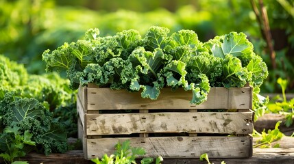 Freshly Harvested Vibrant Green Kale Leaves in Rustic Wooden Crate on Organic Farm