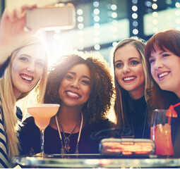 Wine, cocktail and women with club selfie, smile or happy hour with bonding photography. Friends,...