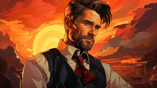 Stylish Barber Man in Retro Illustration with Dramatic Sunset Background