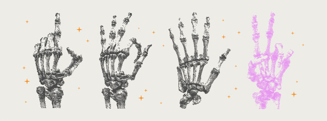 Retro Surreal Human Hand Skeletons with a photocopy effect in a futurism style. Dotted elements with halftone stipple effect for poster art or t-shirt. Contemporary vector illustration.