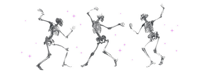 Retro Surreal Dancing Skeletons with a photocopy effect in a futurism style. Dotted elements with halftone stipple effect for poster art or t-shirt. Contemporary vector illustration.