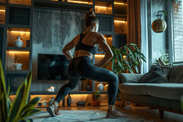 beautiful woman doing squats exercises in living room at home