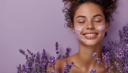 Girl with skincare cream applied on face. beauty products ad, copy space for text. Close up smiling beautiful woman with lavender . product photograph, of purple background