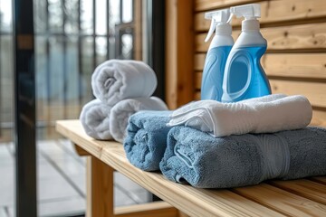 soft clean towels and laundry detergent bottles arranged on wooden bench housekeeping concept - Powered by Adobe
