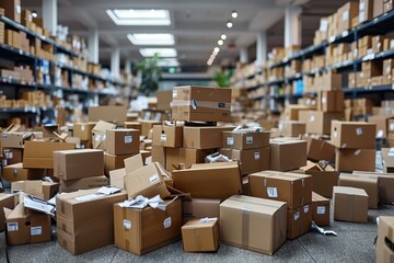 An overwhelming scene of cardboard boxes chaotically piled and scattered in a warehouse
