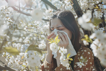 woman with handkerchief suffering from allergy in spring garden - obrazy, fototapety, plakaty