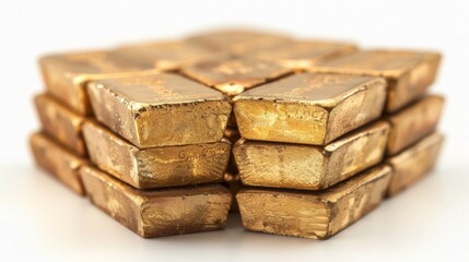 Gold bars ingots with high value stacked in isolated business market on white background, financial gold stock and global market. Financial markets, currency appreciation and depreciation, fiscal 